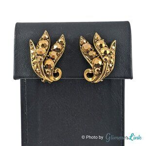 VTG Weiss Aurum Metallic Rhinestones Triple Leaf Bronze Tone Clip On Earrings